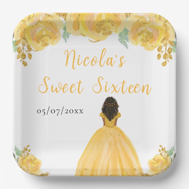 Dark Skin Princess Gold Floral Sweet Sixteen Paper Plate (Front)