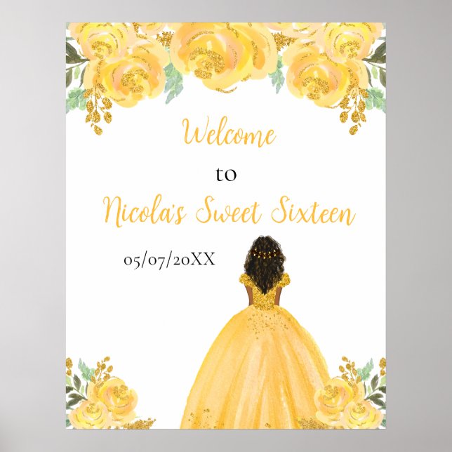 Dark Skin Princess Gold Sweet Sixteen Welcome Poster (Front)