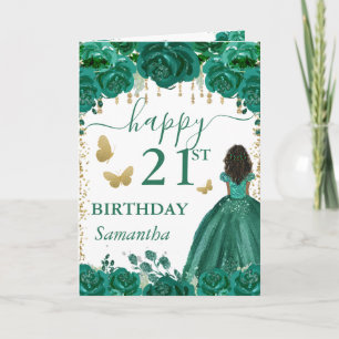 Dark Skin Princess Green Dress Birthday Card