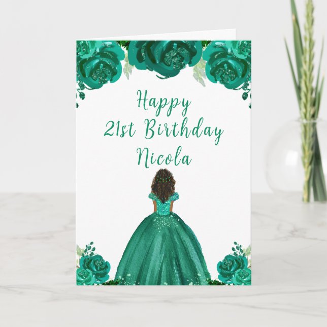 Dark Skin Princess Green Floral Birthday Party Card (Front)