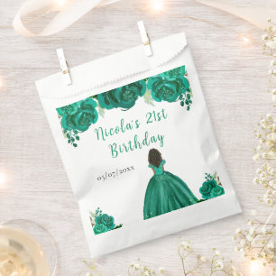 Dark Skin Princess Green Floral Birthday Party Favour Bag