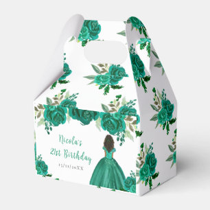 Dark Skin Princess Green Floral Birthday Party Favour Box