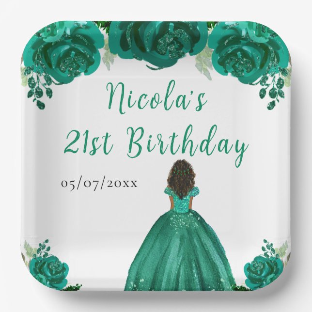 Dark Skin Princess Green Floral Birthday Party Paper Plate (Front)