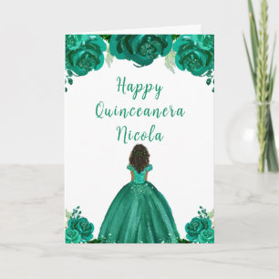 Dark Skin Princess Green Floral Quinceanera Card