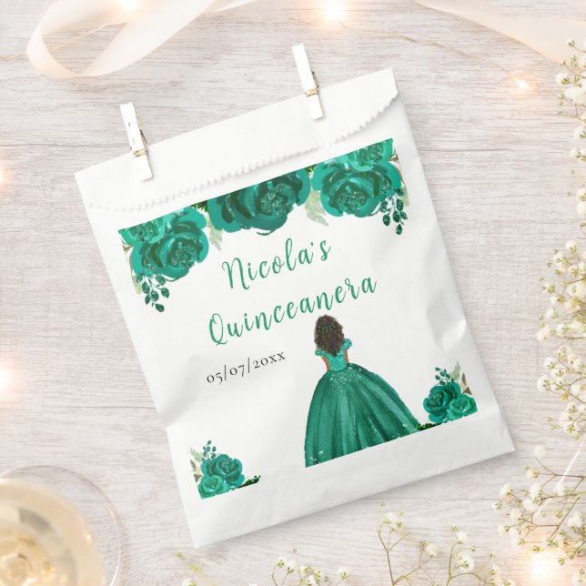 Dark Skin Princess Green Floral Quinceanera Favour Bag (Clipped)