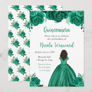 Dark Skin Princess Green Floral Quinceanera Invitation