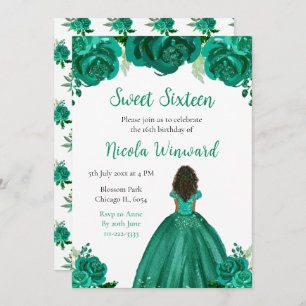 Dark Skin Princess Green Floral Sweet Sixteen Invitation