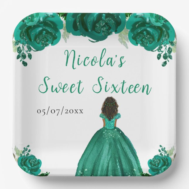Dark Skin Princess Green Floral Sweet Sixteen Paper Plate (Front)