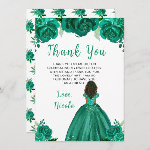 Dark Skin Princess Green Floral Sweet Sixteen Thank You Card