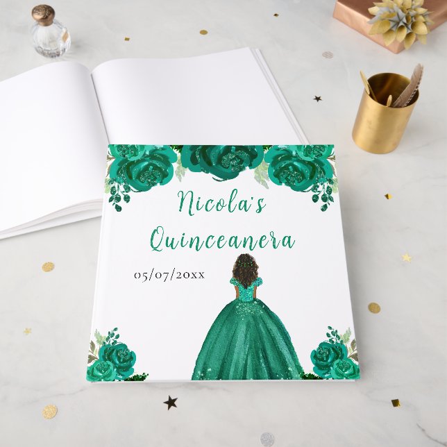Dark Skin Princess Green Quinceanera Guest Book (Front Open)