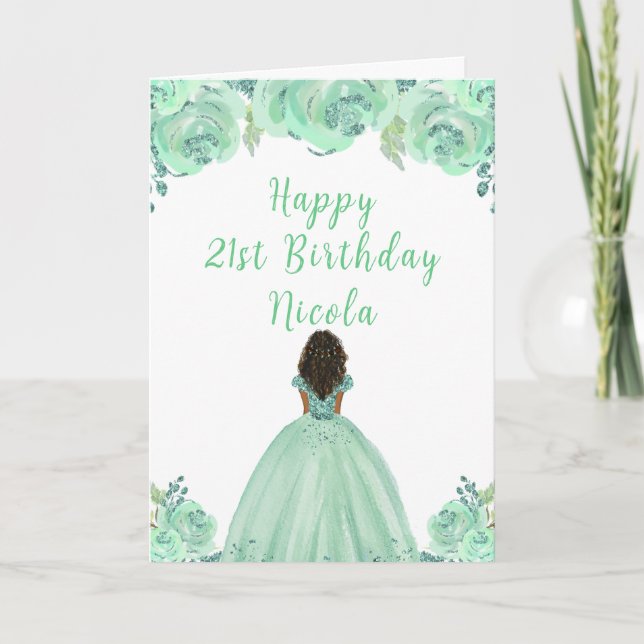 Dark Skin Princess Mint Floral Birthday Party Card (Front)