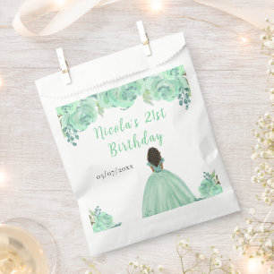 Dark Skin Princess Mint Floral Birthday Party Favour Bag
