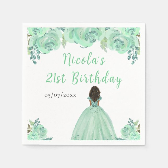Dark Skin Princess Mint Floral Birthday Party Napkin (Front)