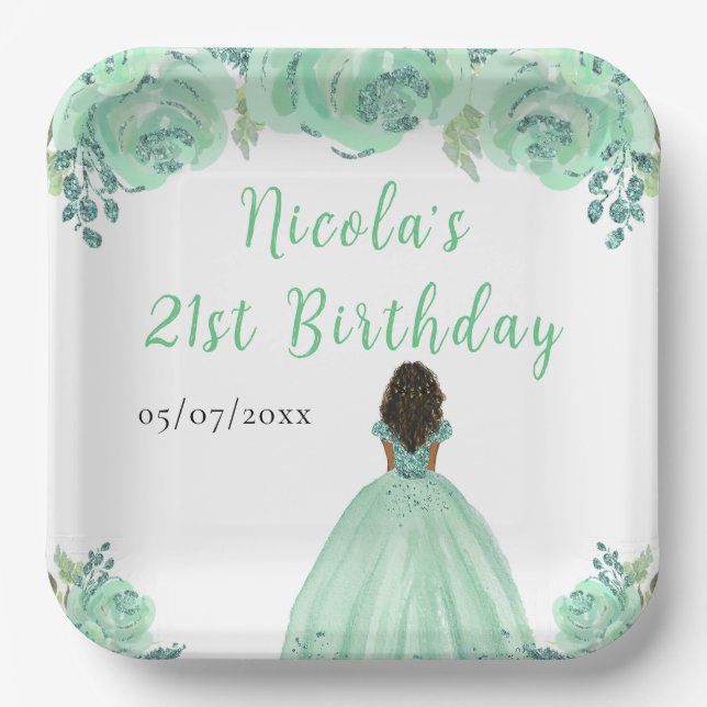 Dark Skin Princess Mint Floral Birthday Party Paper Plate (Front)