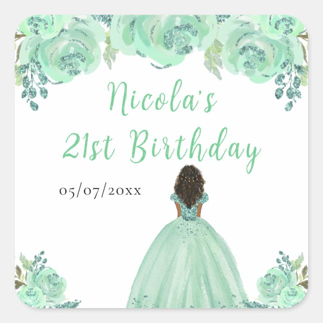 Dark Skin Princess Mint Floral Birthday Party Square Sticker (Front)