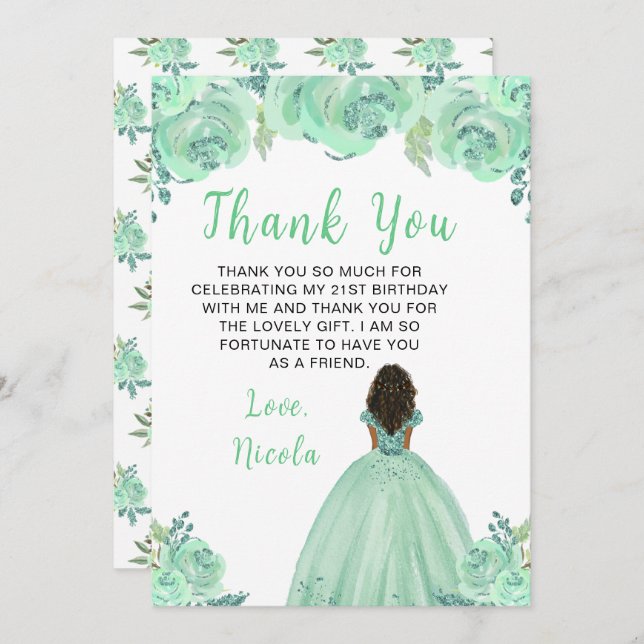 Dark Skin Princess Mint Floral Birthday Party Thank You Card (Front/Back)
