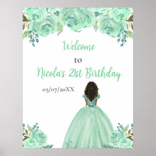 Dark Skin Princess Mint Floral Birthday Welcome Poster