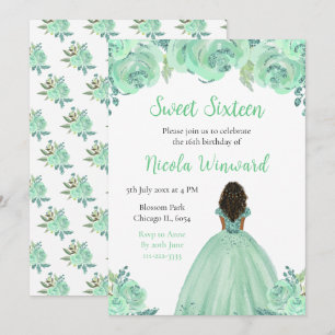 Dark Skin Princess Mint Floral Sweet Sixteen Invitation