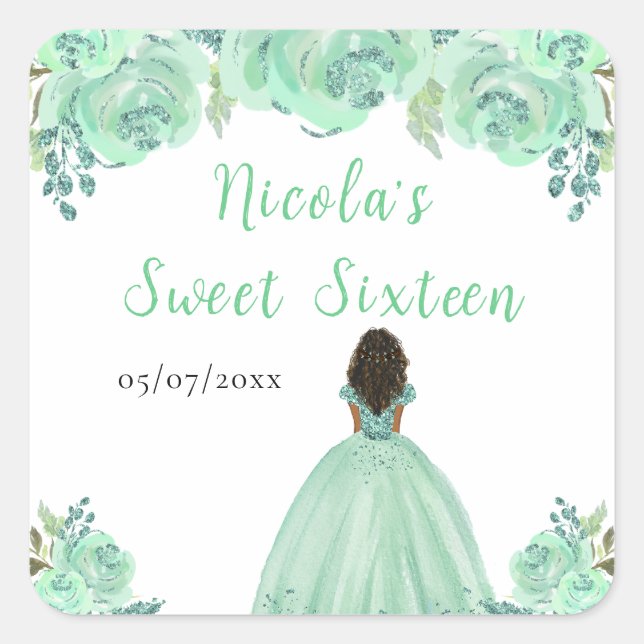 Dark Skin Princess Mint Floral Sweet Sixteen Square Sticker (Front)