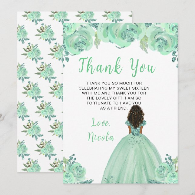 Dark Skin Princess Mint Floral Sweet Sixteen Thank You Card (Front/Back)