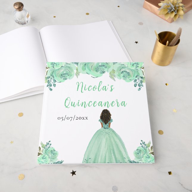 Dark Skin Princess Mint Quinceanera Guest Book (Front Open)