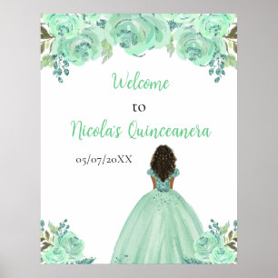 Dark Skin Princess Mint Quinceanera Welcome Poster
