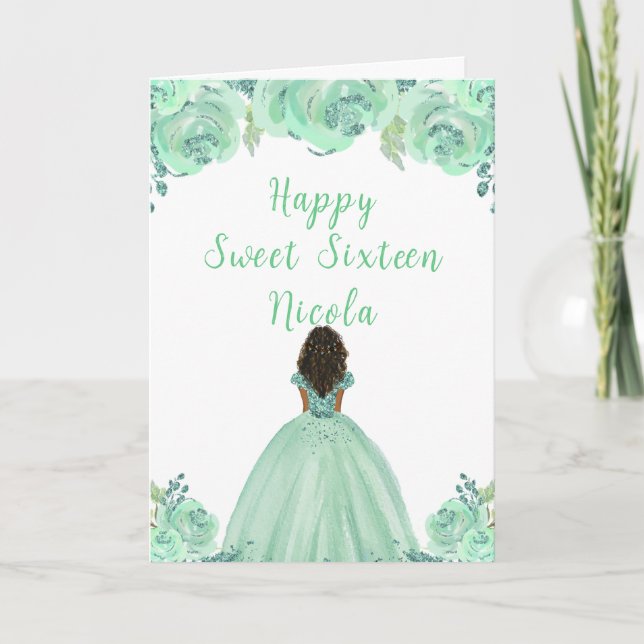 Dark Skin Princess Mint Sweet Sixteen Card (Front)