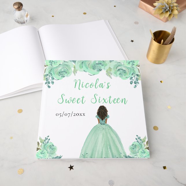 Dark Skin Princess Mint Sweet Sixteen Guest Book (Front Open)