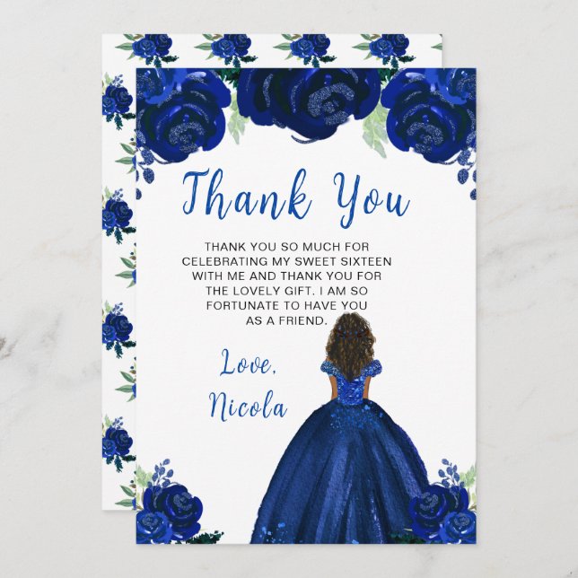 Dark Skin Princess Navy Blue Floral Sweet Sixteen Thank You Card (Front/Back)
