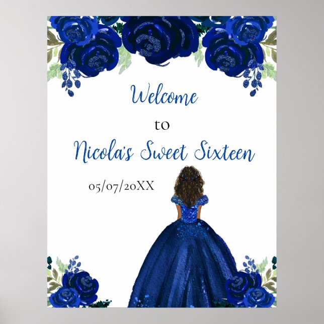 Dark Skin Princess Navy Blue Sweet Sixteen Welcome Poster (Front)