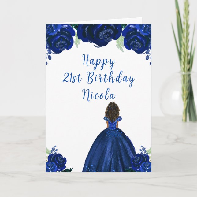 Dark Skin Princess Navy Floral Birthday Party Card (Front)