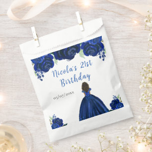 Dark Skin Princess Navy Floral Birthday Party Favour Bag