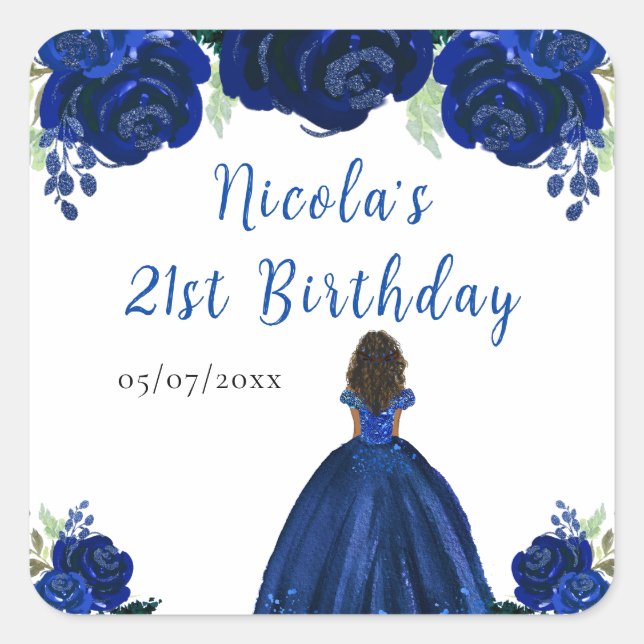 Dark Skin Princess Navy Floral Birthday Party Square Sticker (Front)