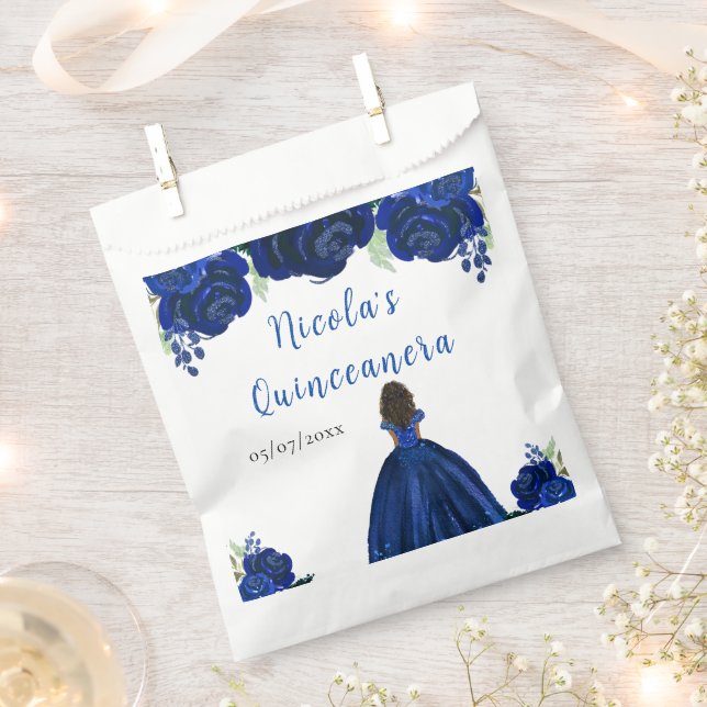 Dark Skin Princess Navy Floral Quinceanera Favour Bag (Clipped)