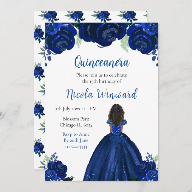 Dark Skin Princess Navy Floral Quinceanera Invitation (Front/Back)
