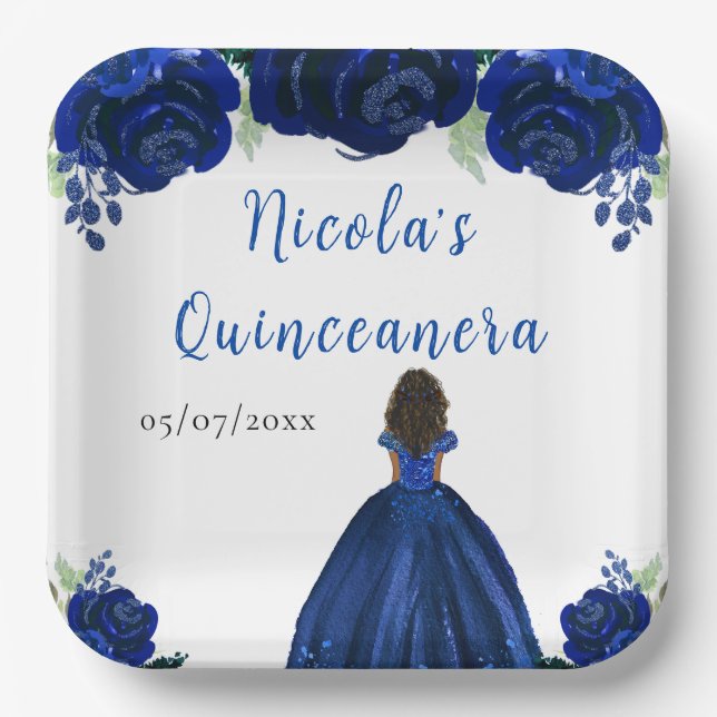 Dark Skin Princess Navy Floral Quinceanera Paper Plate (Front)