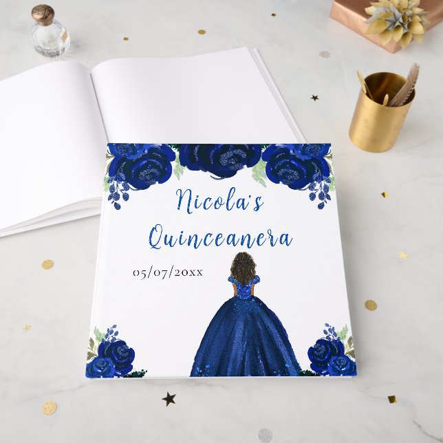 Dark Skin Princess Navy Quinceanera Guest Book (Front Open)
