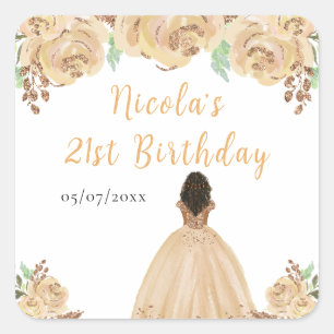Dark Skin Princess Peach Floral Birthday Party Square Sticker