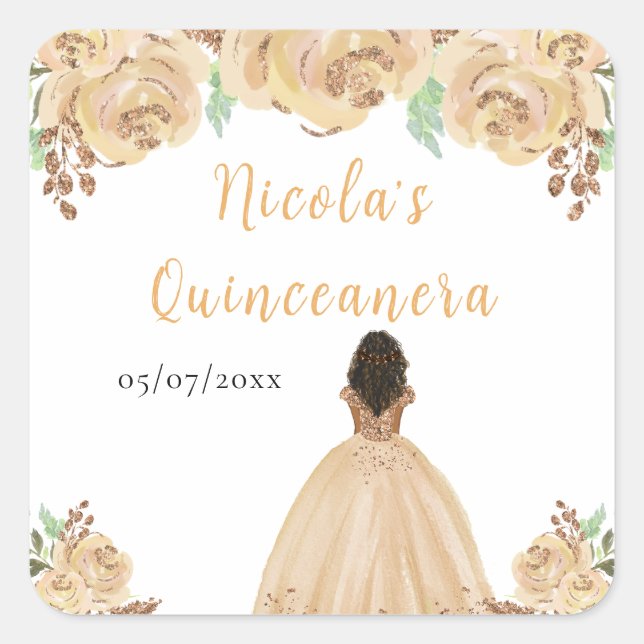 Dark Skin Princess Peach Floral Quinceanera Square Sticker (Front)