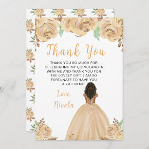 Dark Skin Princess Peach Floral Quinceanera Thank You Card