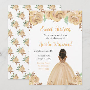 Dark Skin Princess Peach Floral Sweet Sixteen Invitation