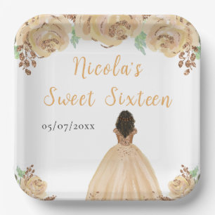 Dark Skin Princess Peach Floral Sweet Sixteen Paper Plate