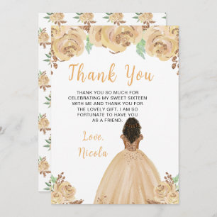 Dark Skin Princess Peach Floral Sweet Sixteen Thank You Card
