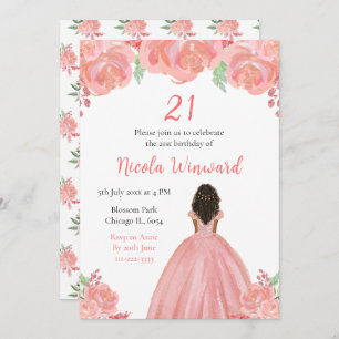 Dark Skin Princess Pink Floral Birthday Party Invitation