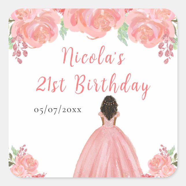 Dark Skin Princess Pink Floral Birthday Party Square Sticker (Front)