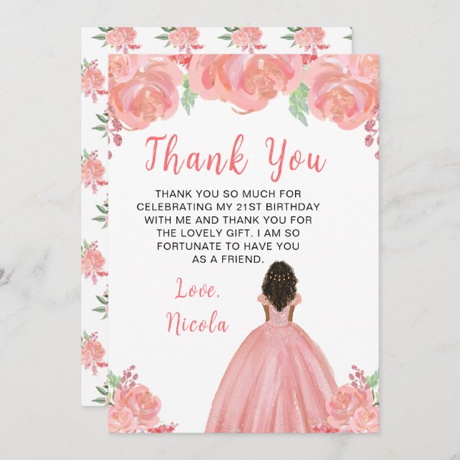 Dark Skin Princess Pink Floral Birthday Party Thank You Card (Front/Back)