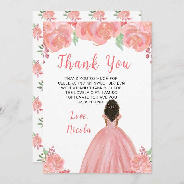 Dark Skin Princess Pink Floral Sweet Sixteen Thank You Card (Front/Back)