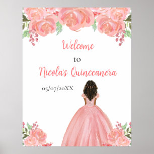 Dark Skin Princess Pink Quinceanera Welcome Poster