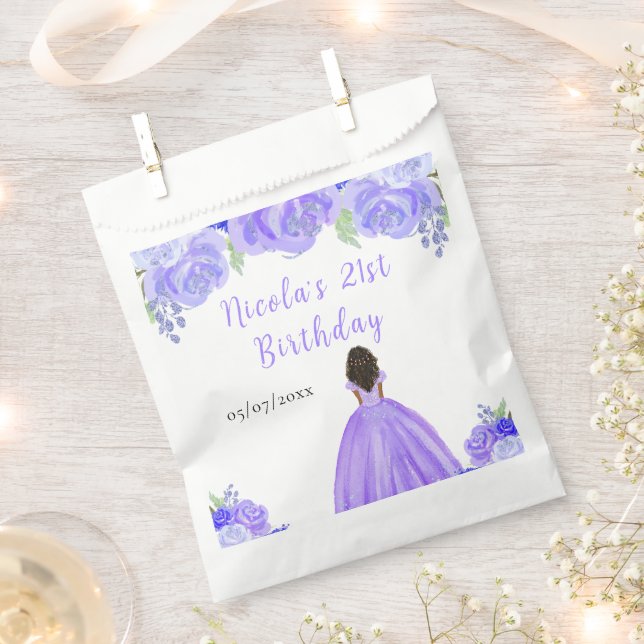 Dark Skin Princess Purple Floral Birthday Party Favour Bag (Clipped)