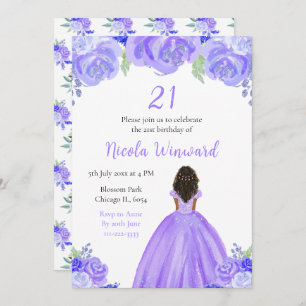 Dark Skin Princess Purple Floral Birthday Party Invitation